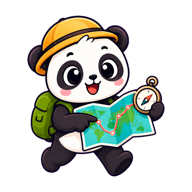 Pandy explorador con mochila, mapa y brújula