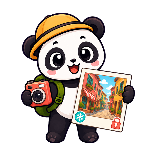 Pandy con una cámara ante una foto de calle bloqueada