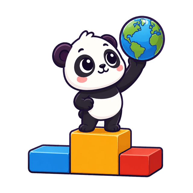 Pandy sosteniendo un globo terráqueo sobre el podio